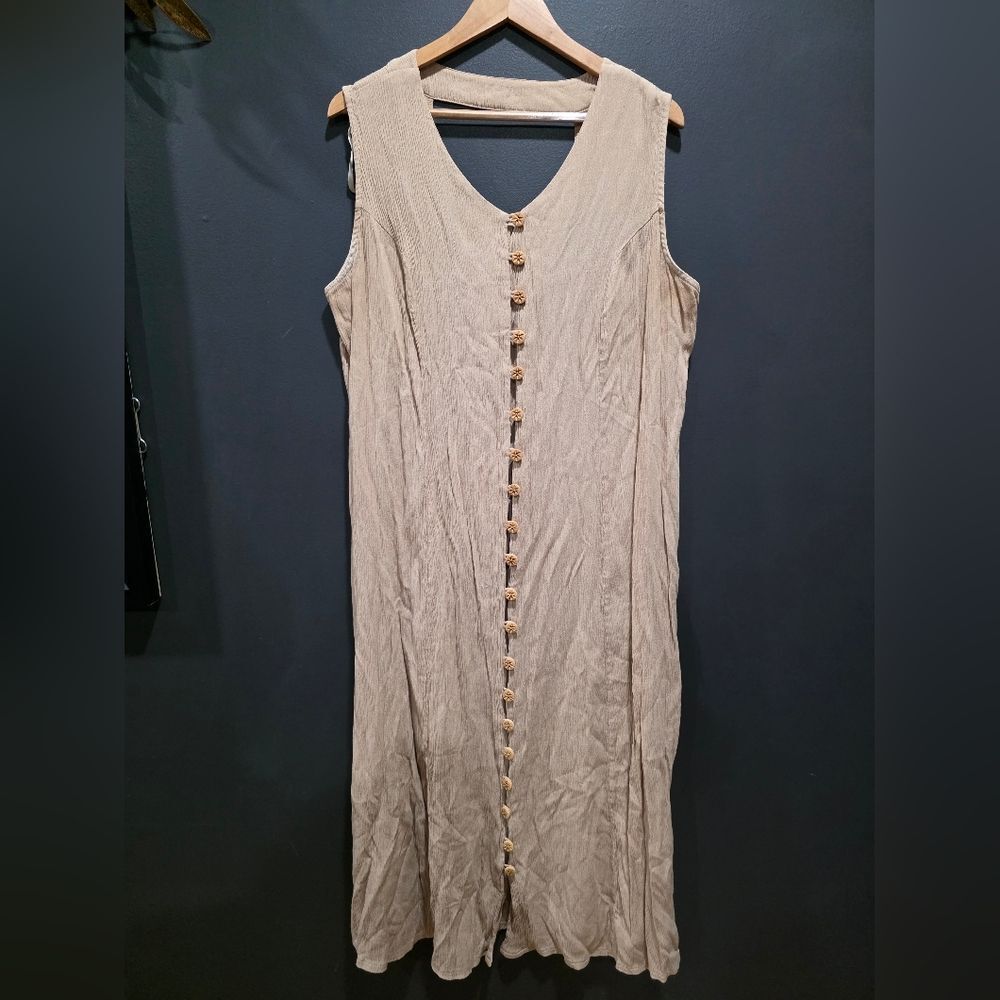 Vtg Taupe Crinkle Sleeveless Button Down Tie Back Waist Dress Fashion Bug 22/24